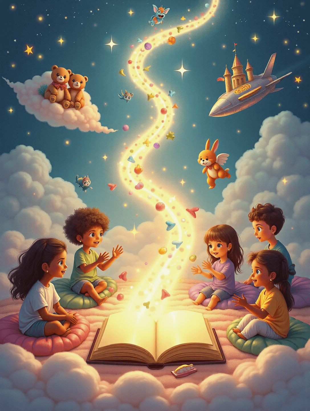 Enfants autour d'un livre magique